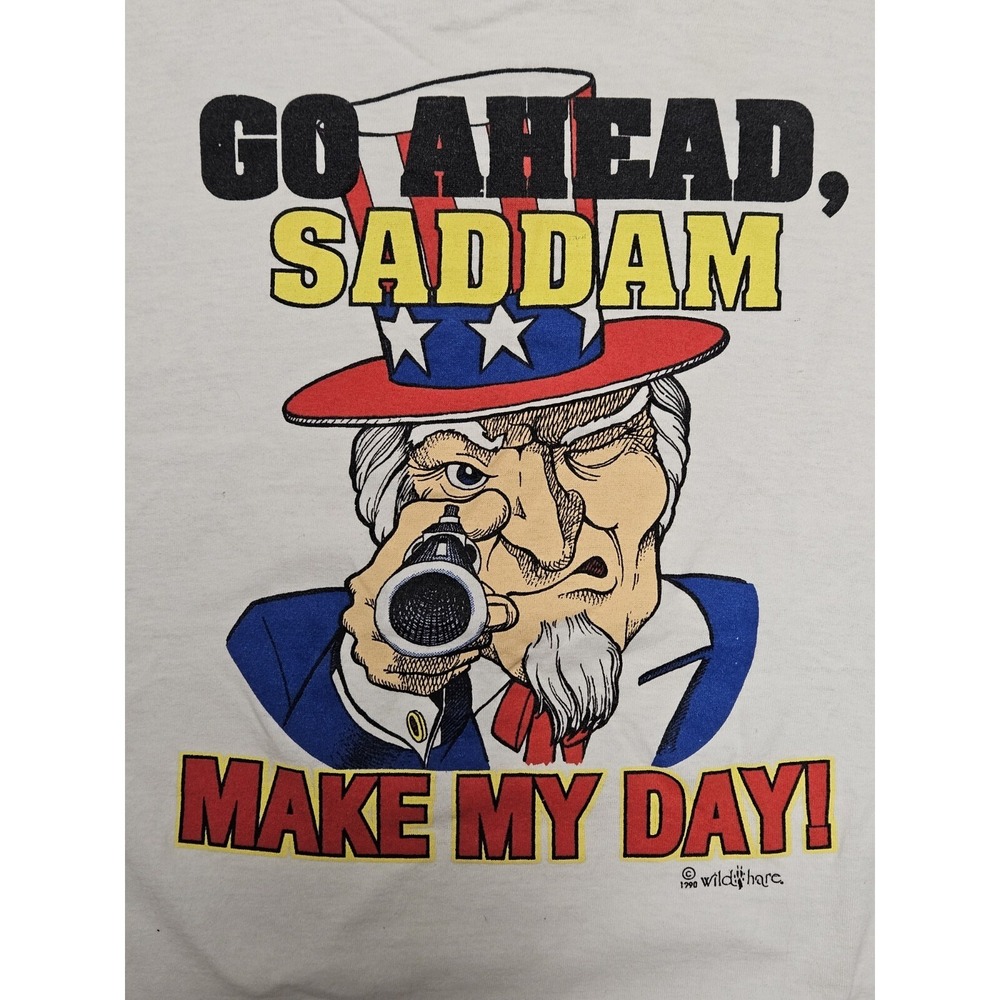 Vintage Hussein Saddam Gulf War Desert Storm 90s T Shirt XL White Uncle Sam - Picture 2 of 9